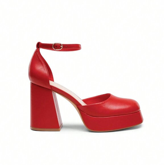 Red Elegant Women's Chunky Platform Heels - Picture 6 of 9